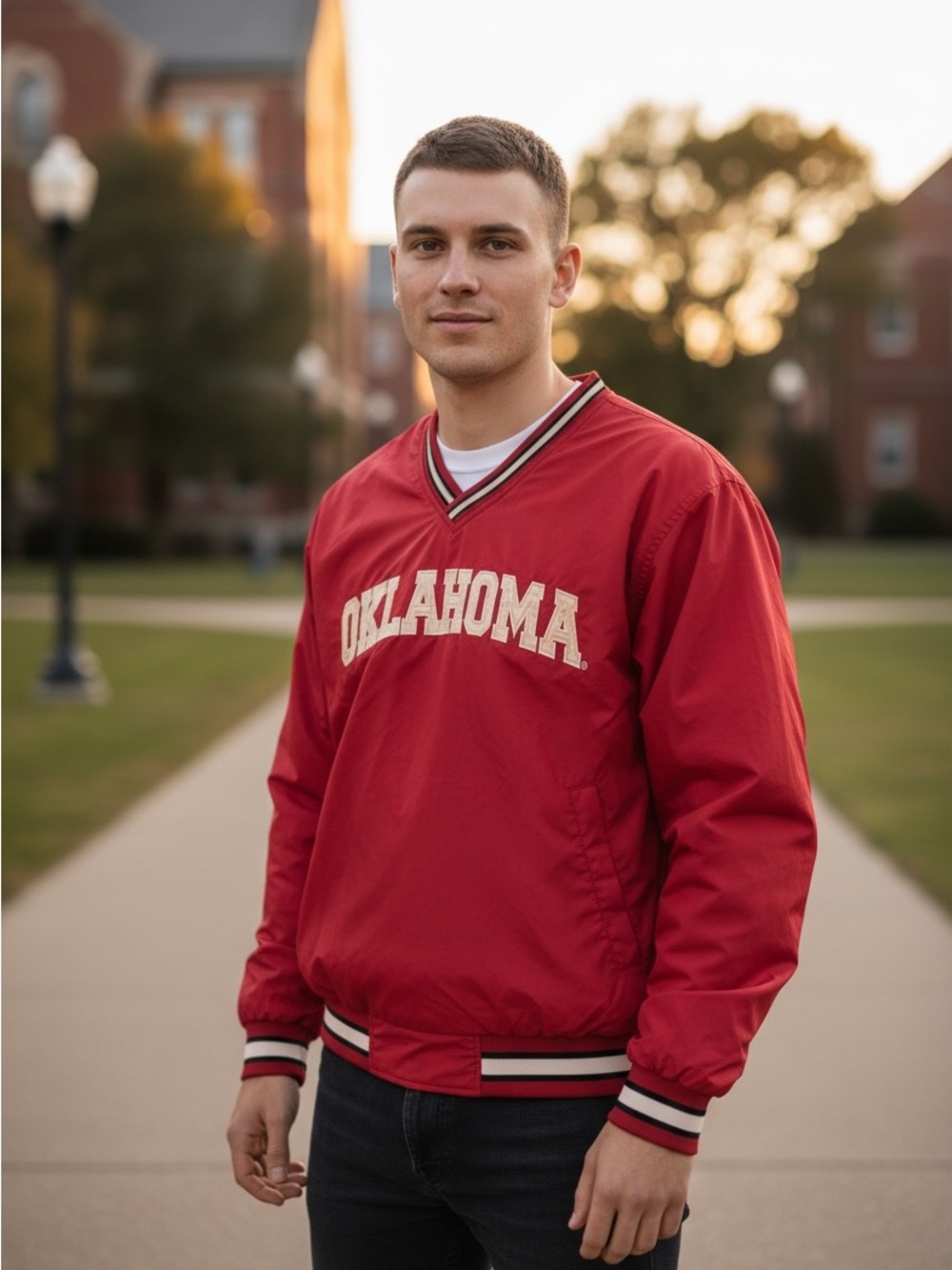 Red Collegiate Pullover Windbreaker with 'Oklahoma' Chest